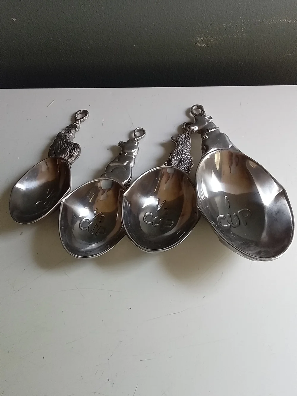 Vintage Animal Pewter Measuring Cups Set 4 Dog Cat Rooster Bear Farmhouse